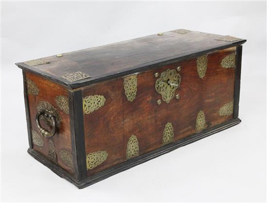 An 18th century Dutch Colonial ebony and brass mounted teak chest, Ceylon or Batavia, W.3ft 11in. D.1ft 9in. H.1ft 8in.